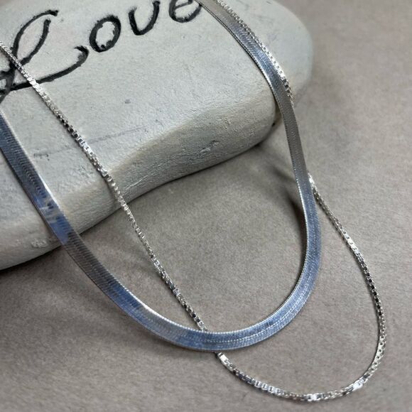 NEW 925 Sterling Silver Herringbone Snake Box Chain Necklace Set - Picture 5 of 9